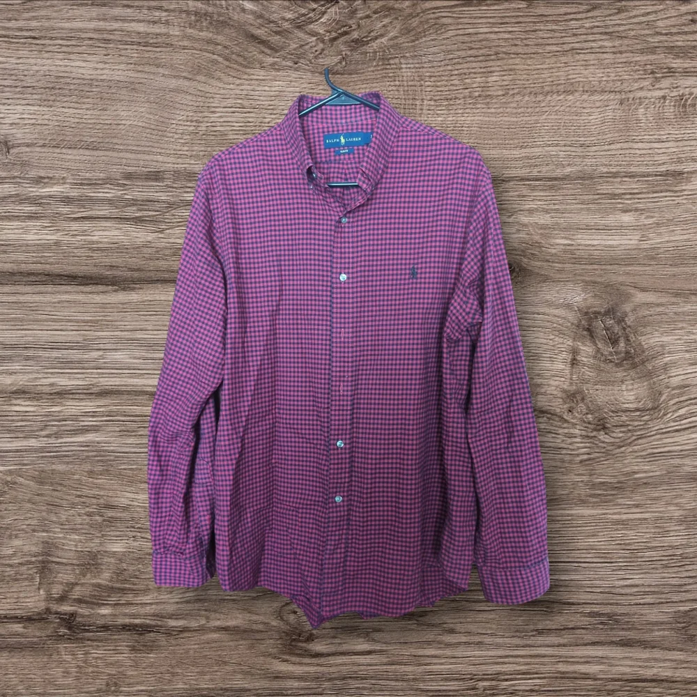 Ralph Lauren Slim Fit Men’s Red & Black Plaid All Cotton‎ Button Down Shirt LG